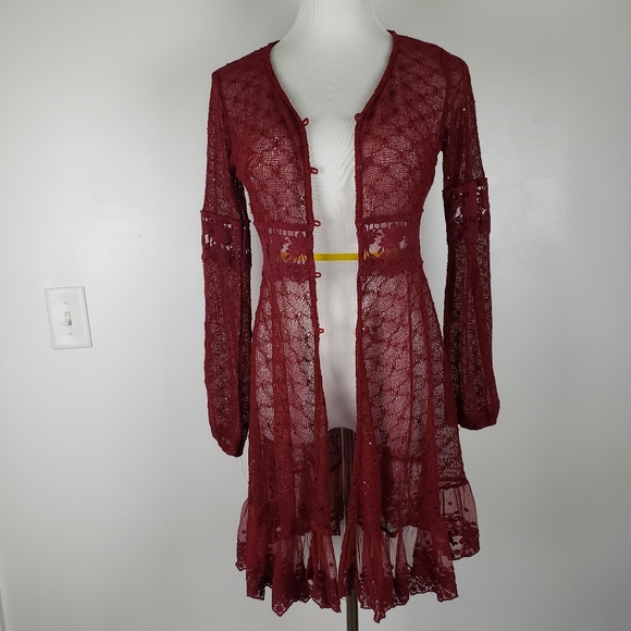 A'reve lace cardigan kimono maroon burgundy floral - Picture 6 of 9